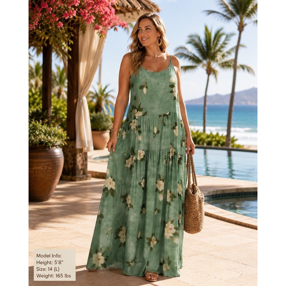Women's Sage Green Floral Tiered Maxi Dress Cotton Boho Cottagecore GG01